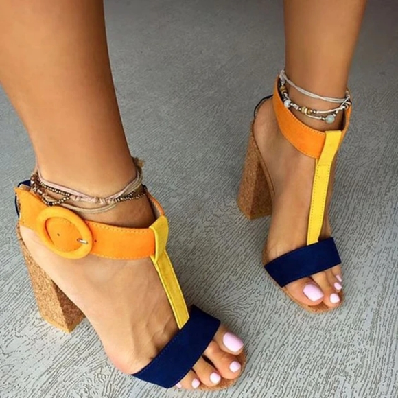 So Me Footwear, Supra-2 Navy Orange Cork Combo Color Block Heels - Picture 5 of 16